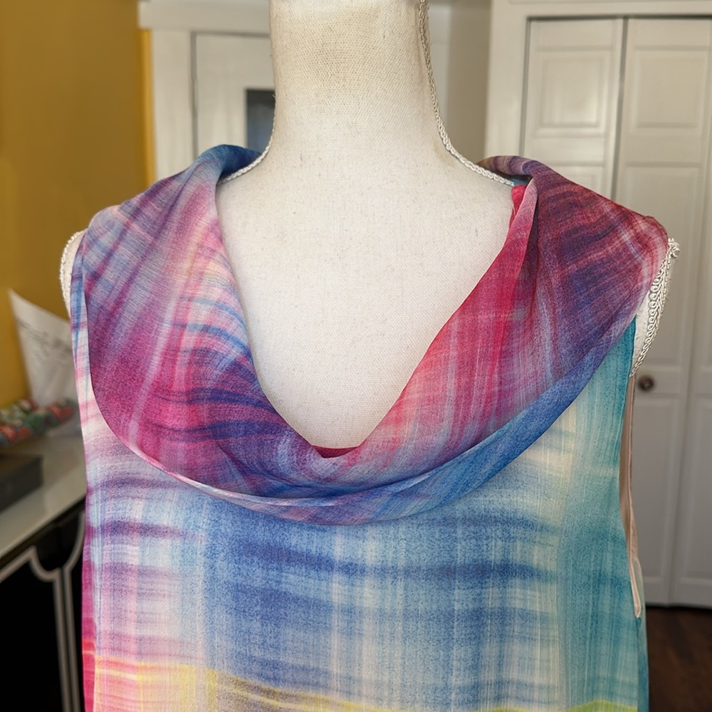 Soft Surroundings Carnevale Multi Plaid Maxi Dress Cowl Neck Pink Yellow Blue L - Picture 3 of 14